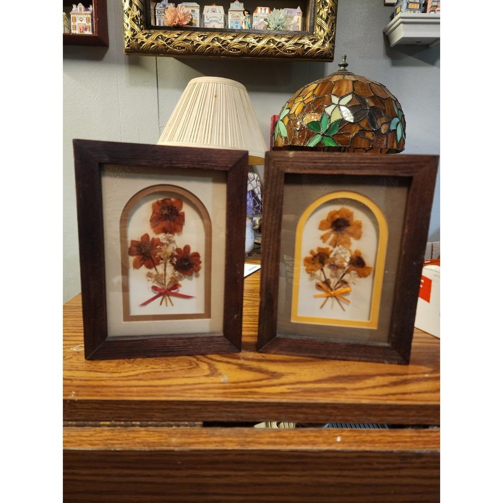 Vintage Set Of 2 Framed Dried Pressed Flowers Hanging Wall Art 8x6‎ Inches MCM